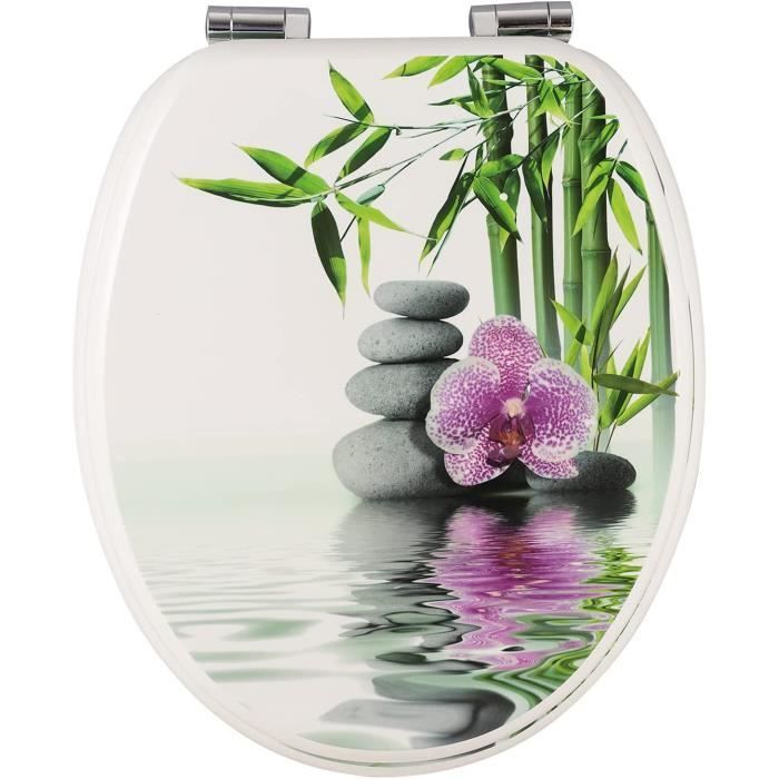 WOLTU MDF Wood Toilet Seat, Soft Close with Slow-Close Mechanism, Zinc-Plated and Adjustable Hinges, Flower Stone