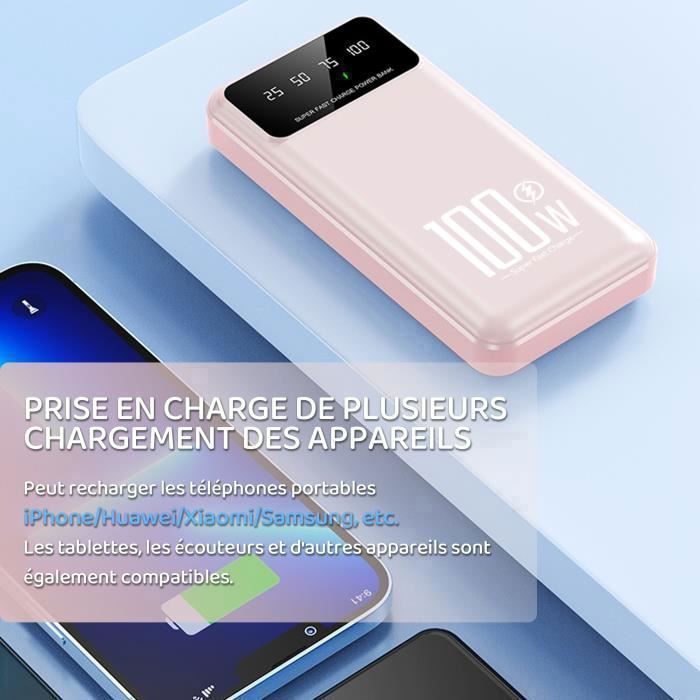 Portable 20000mAh External Battery, 22.5W Fast Charging, 4 Ports, with LED Display and Flashlight, for Smartphones and Tablets - Pink