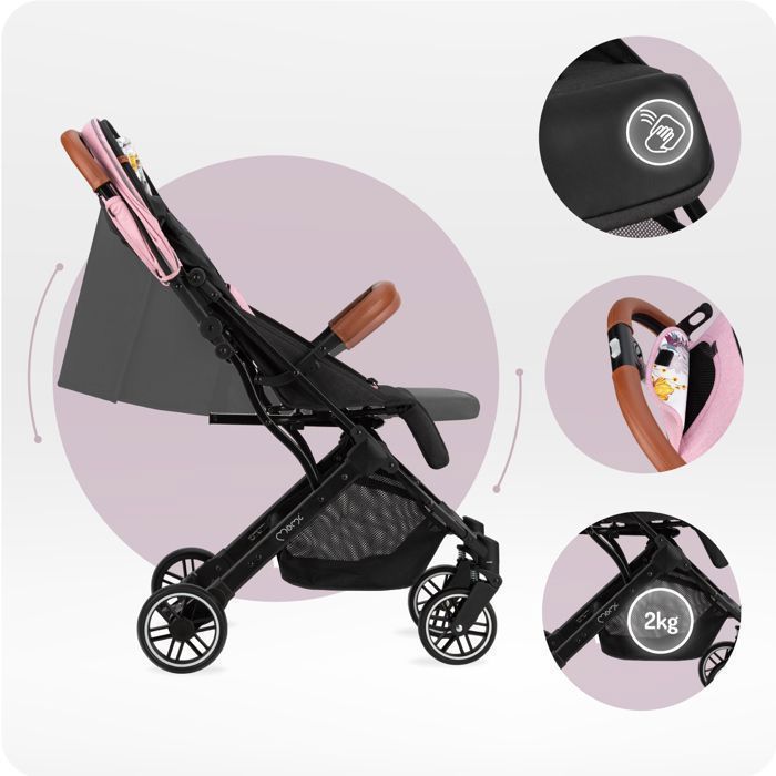 MoMi ESTELLE – Ultra Compact Baby Stroller – Lightweight 7.7 kg – One-Hand Fold – Suitcase Handlebar – Pink