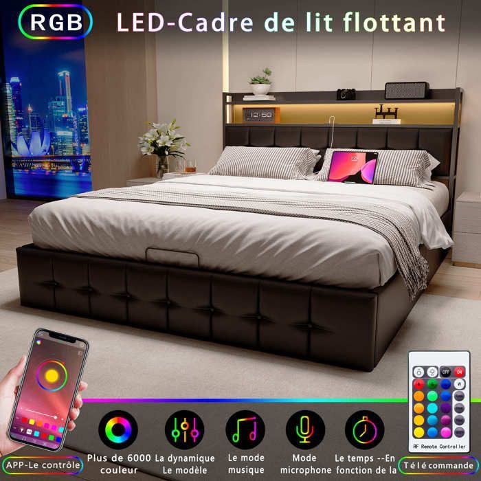 160 x 200 cm storage bed, 160x200 bed with slatted base, adult bed with USB port and LED, bed frame, with headboard, Black, PU