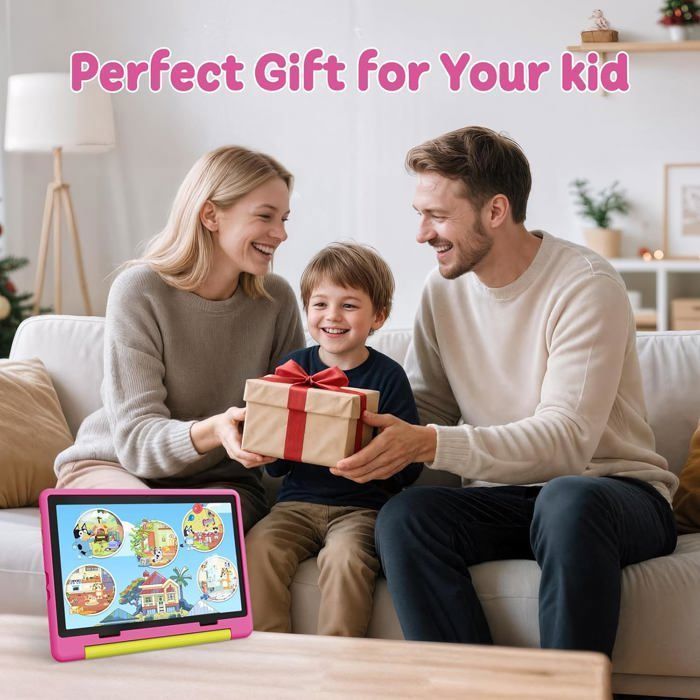 Tablette Enfant 10'' Android 15, 64Go ROM Extensible à 1To, Contrôle Parental, inclut Clavier, Stylet et Étui de Protection, Rose