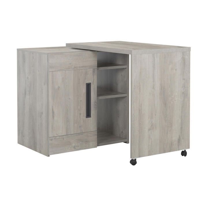 Barra giratoria con efecto de madera de roble gris claro, ruedas y estantes.