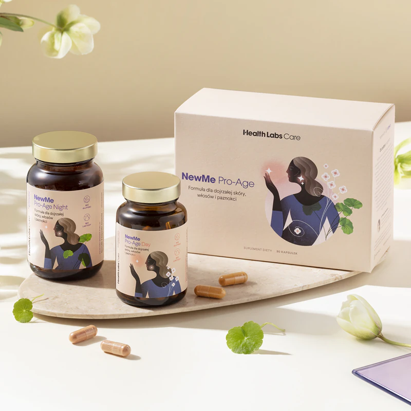 Cápsulas do suplemento alimentar NewMe Pro-Age da Health Labs Care para cabelos, pele e unhas bonitos.