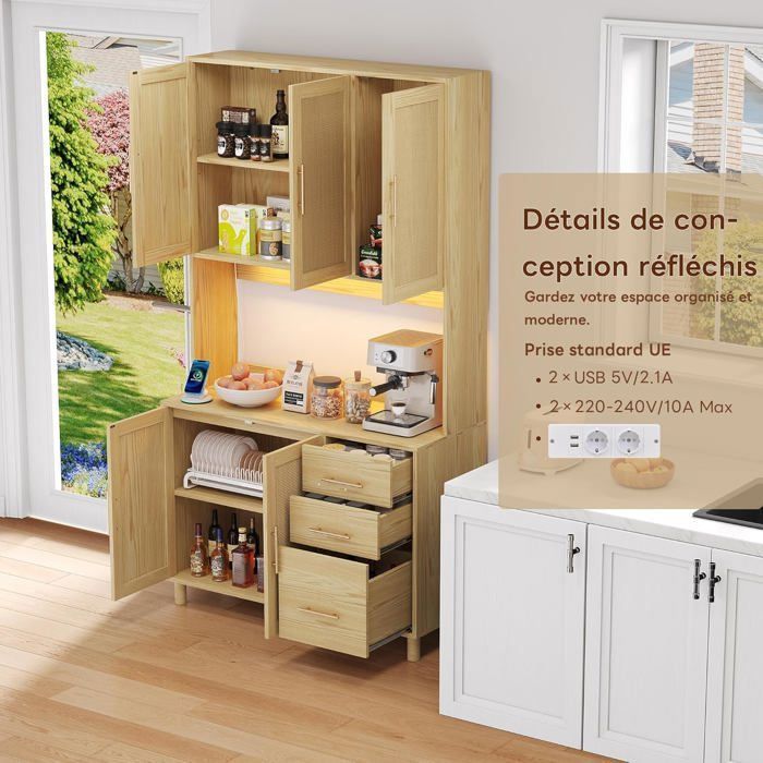 Credenza da cucina LEMONBEST in vimini da 183 cm, con illuminazione a LED multicolore, prese elettriche e USB, 5 ante e 3 cassetti.