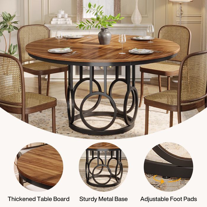 Tavolo da pranzo rotondo, Little Tree, 120×120×75 cm, tavolo da cucina in legno con robusta base in metallo per 4-6 persone, marrone