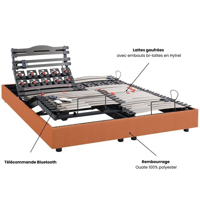 Elektrisch verstelbaar relaxbed met 5 slaapstanden, 2x70x190 cm, Plénitude Terre de Sienne - Terracotta Rood - 5 jaar garantie -
