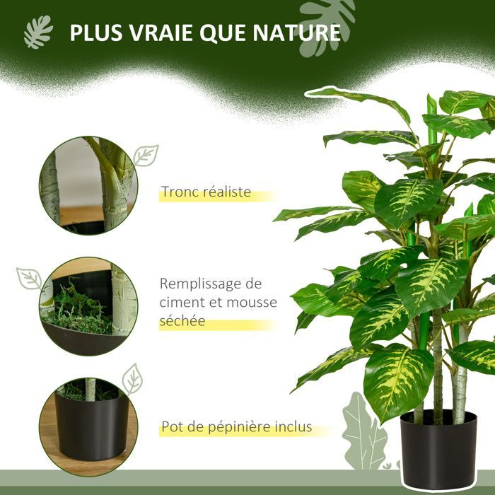 Planta artificial - árbol artificial - HOMCOM - calathea, 95 cm de alto, maceta de cemento, decoración de interior - plástico - 95 cm
