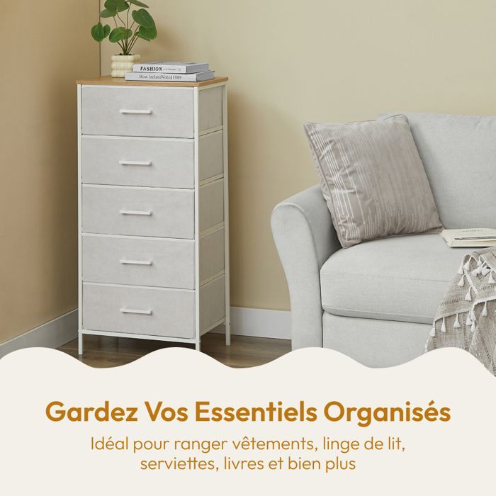 CASABEL Commode haute 5 tiroirs en tissu rigide, métal blanc et bois 45x30x94 cm, idéale pour chambre, salon ou entrée