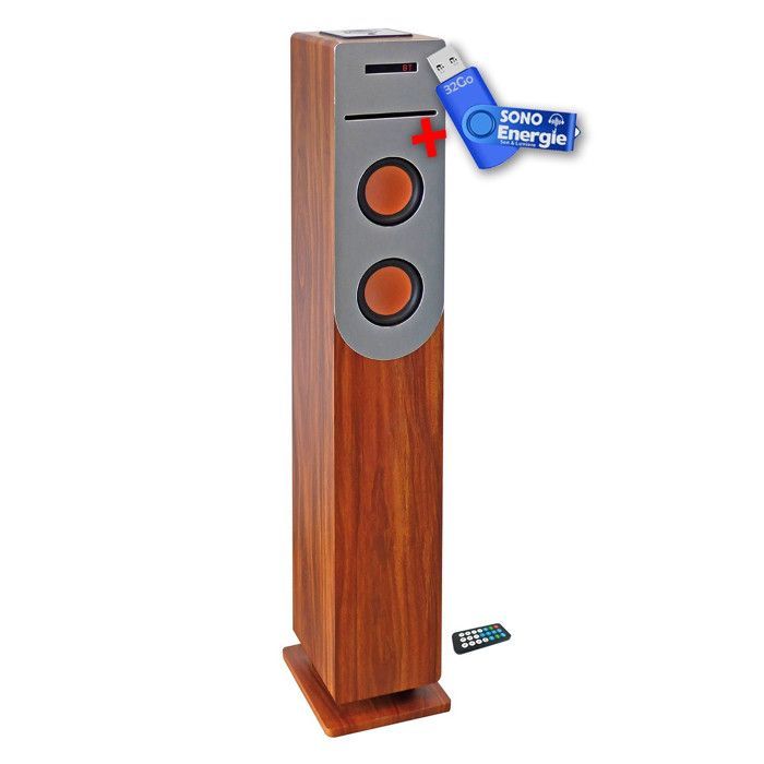 Puupintainen äänitorni CD-soittimella, Bluetoothilla, FM-radiolla ja USB:llä, 100 W + kaukosäädin + 32 Gt:n USB-muistitikku