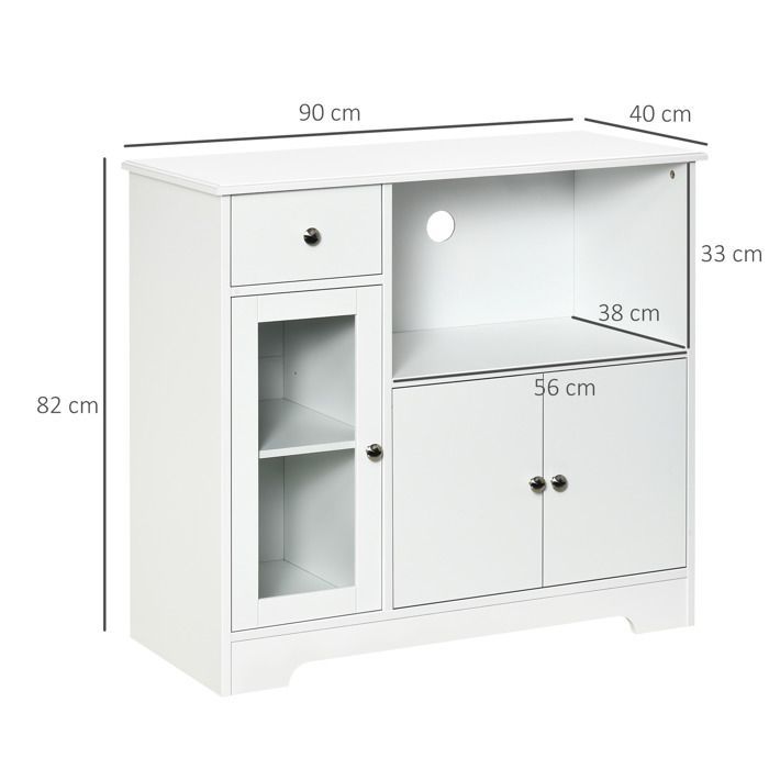 Mueble para microondas - HOMCOM - aparador de cocina, armario de almacenamiento de vidrio templado y madera - madera - 90x40x82cm - blanco