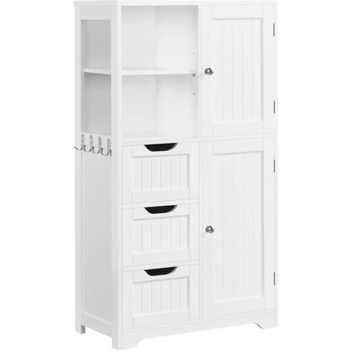 Yaheetech Bathroom Storage Cabinet, 3 Drawers, 2 Compartments, 4 Hooks, 2 Cupboards, Height-Adjustable Shelf, 60 × 30 × 107 cm