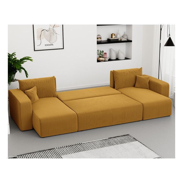 Canapé d'angle Panoramique PIANO U - 7 places - Canape Convertible avec Coffre - Tissu Velours Cotelé - Moutarde