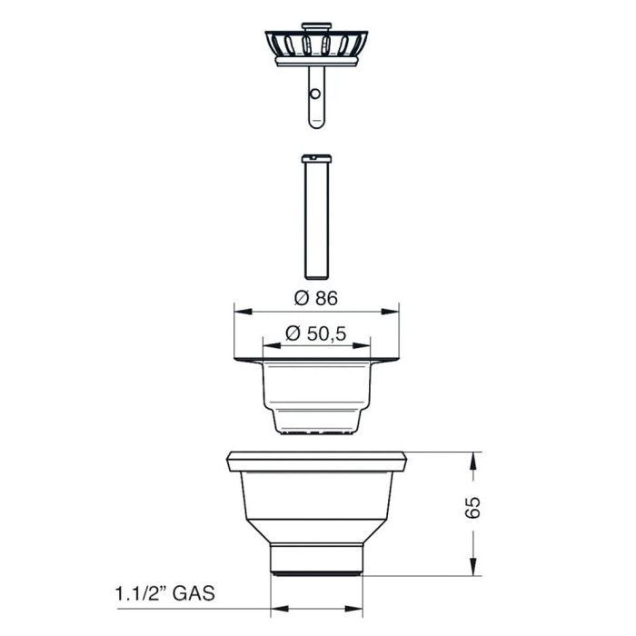 Zeefmandje voor stenen spoelbak, 86 mm diameter, voor gat met een diameter van 60 mm