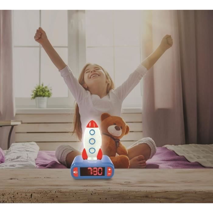 LEXIBOOK Digital Alarm Clock Night Light - Rocket - 3D Light and Sound - Blue, White and Red - Children's