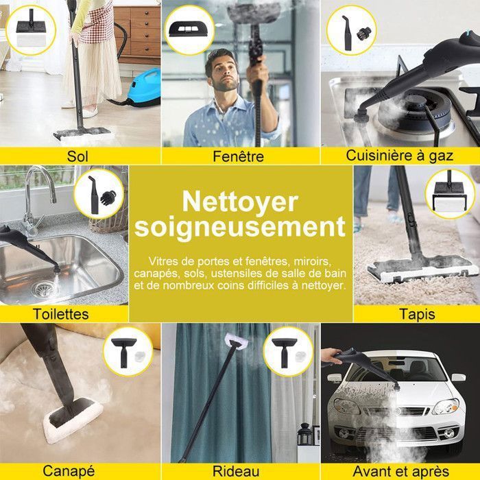 Pulitore a vapore da 2000 W con 14 accessori, pressione del vapore: 4 bar, capacità del serbatoio: 1,8 L, tempo di riscaldamento: 30 sec, autonomia: 45 min