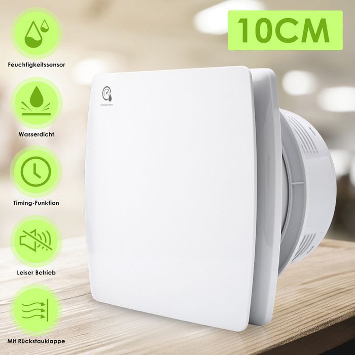 Ventilatore da bagno Daromigo - 100 mm con timer, sensore di umidità, deflettore antiriflusso, accessorio di ventilazione