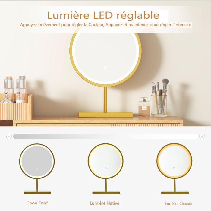 Dressing table set - LANGTU - Dressing table with mirror and 3-color lighting - 3 drawers - E1 particleboard - Rainbow glass doors