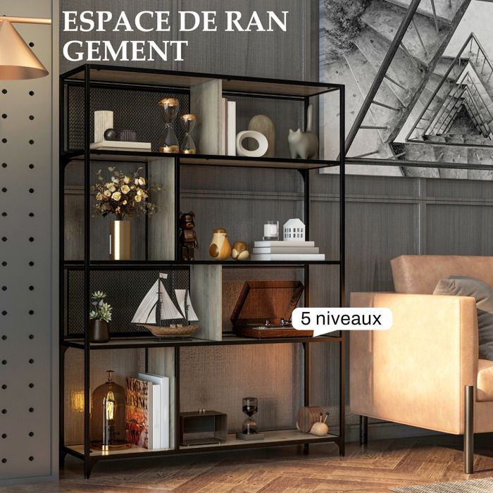 Librería/Mueble de almacenamiento - HOMCOM - Estantería de 5 niveles con estructura de acero - Estilo industrial - 120 cm de largo x 30 cm de ancho x 161 cm de alto