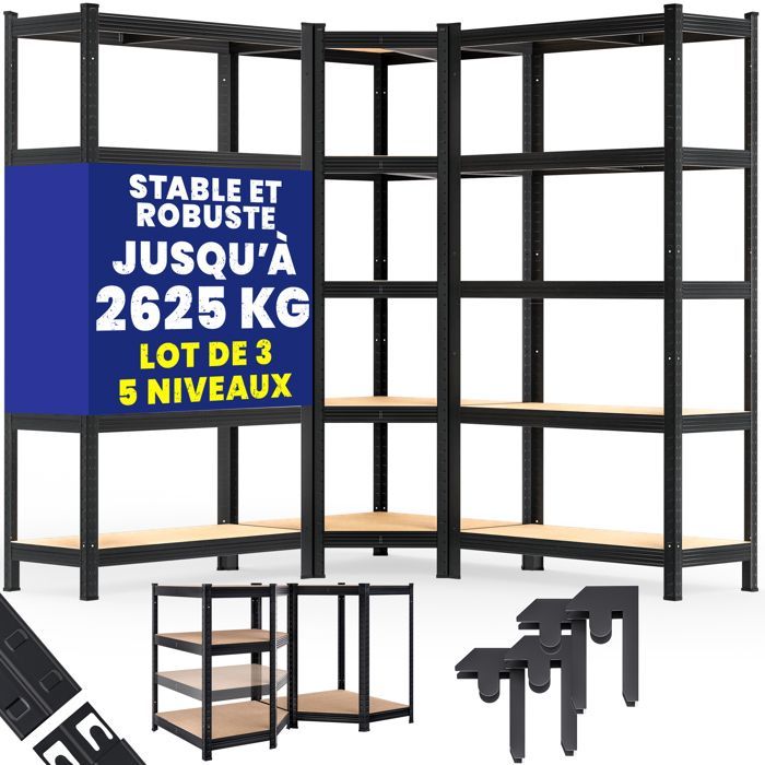 MONZANA® Juego de 3 estanterías de alta resistencia, 5 niveles, color negro, estantería metálica modular, capacidad de 2625 kg, estantería de esquina para garaje o taller.