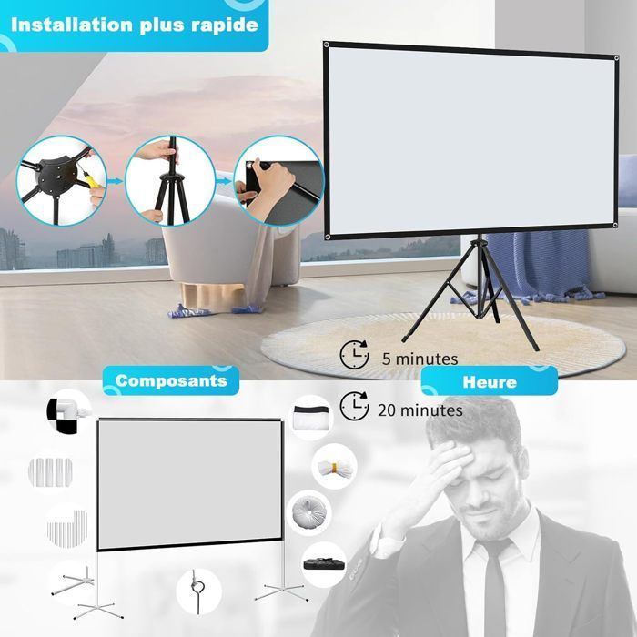 VISULAPEX 80”ALR Écran Videoprojecteur avec Trépied, 4K HD 16:9 Ecran de Projection, Léger Facile à Installer Eran Projecteur