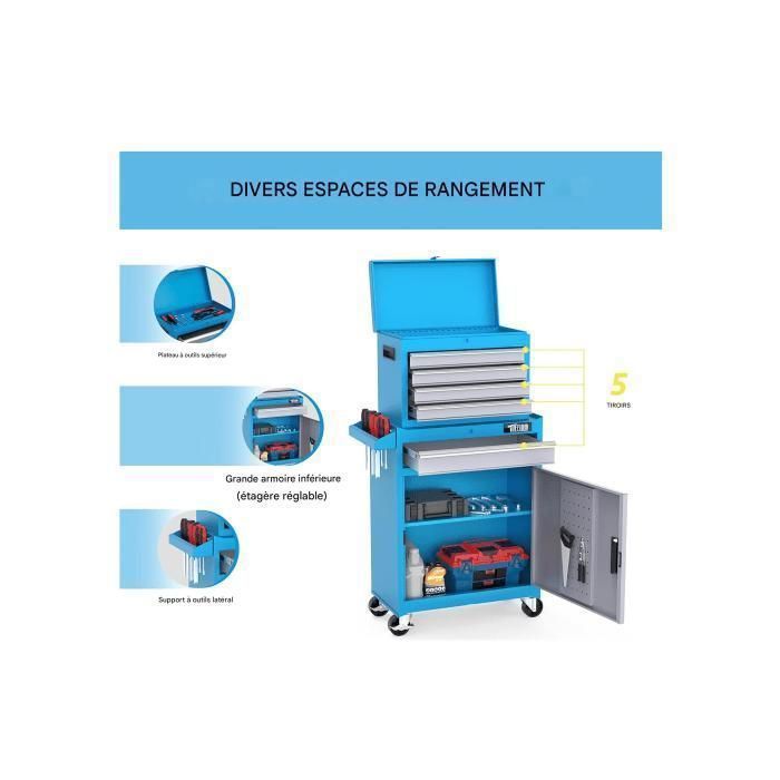 Carrello da officina 2 in 1 - ALIGHTUP - Cassetti e vani portaoggetti multistrato, con serratura e maniglia - Blu