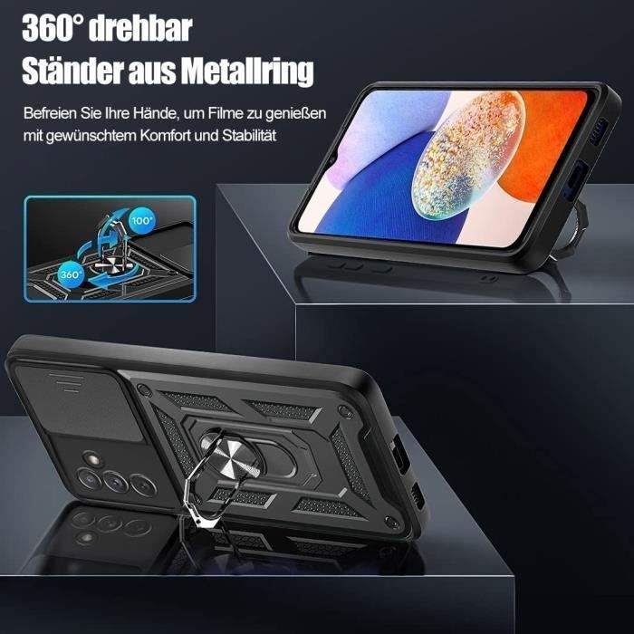 Custodia per Samsung Galaxy A14 - con 2 pellicole protettive in vetro temperato - Antiurto - Anello girevole a 360° - Protezione per l'obiettivo - Nera