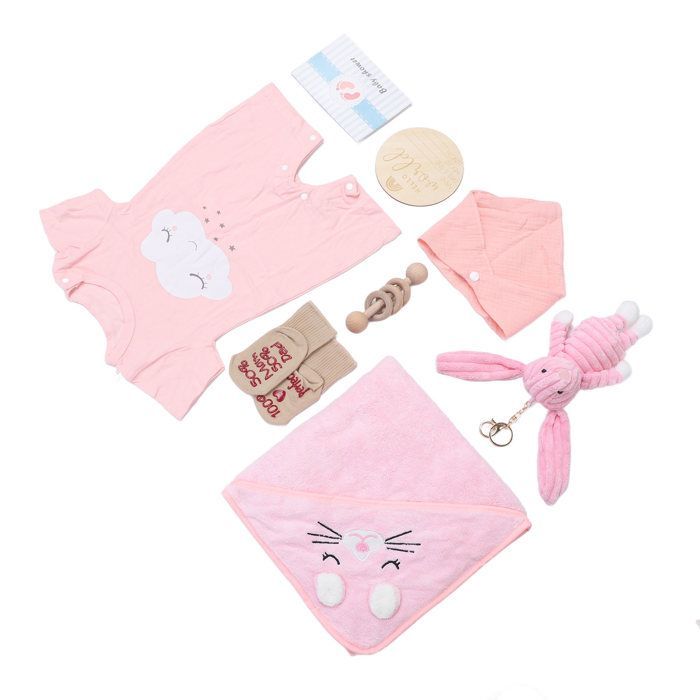 Cesto regalo per baby shower SALALIS, cesto regalo per baby shower con vestiti, bambola di legno, set per la cameretta, rosa