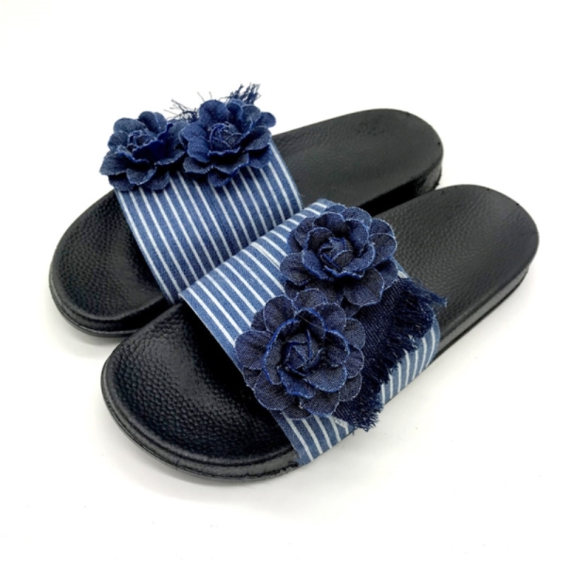 Sandalias de lona con estampado floral para mujer, estilo casual, con rayas azules, de mezclilla, para el hogar y el ocio. Nuevas 2021.