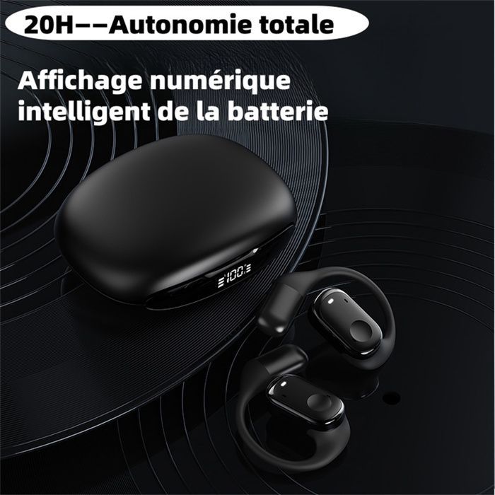 Wireless earphones, WOVTE, OWS, Bluetooth earphones, waterproof, dual ENC microphones, with digital display, black.