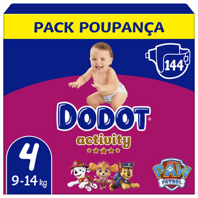Dodot Activity 9-14 kg T4 Paw Patrol kūdikių sauskelnės, pilno dydžio, 144 vnt. 144 vnt.