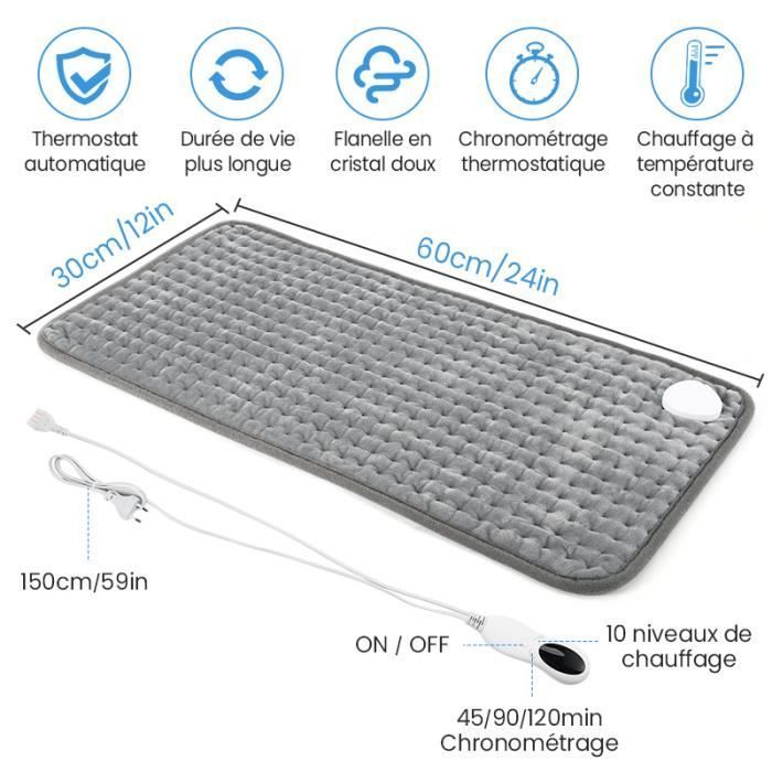 Coussin Chauffant Électrique - PIMPIMSKY - 75W - 60 x 30 cm - 10 Niveaux de Chauffe - Lavable en Machine