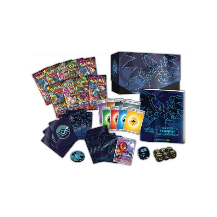 Pokémon Elite Trainer Box ME02 Mega Evolutions - Phantasmagorical Flames Französische Sammelkarte + 1 Tigerkarte