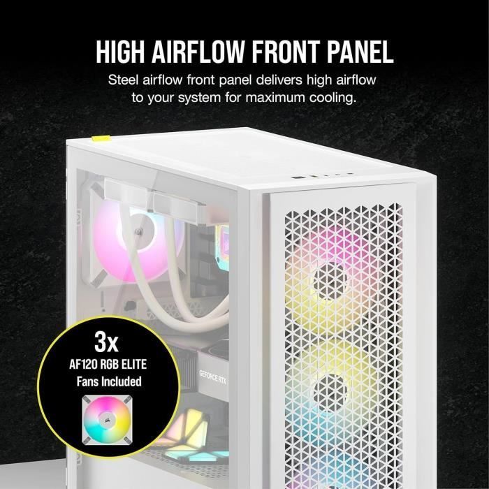 Boitier PC - CORSAIR - CC-9011241-WW - iCUE 4000D RGB AIRFLOW - Moyen-tour - 3 fans AF120 RGB ELITE - iCUE Lighting Node PRO - Blanc