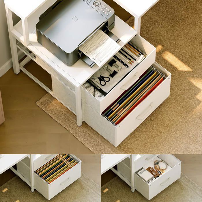 Scrivania angolare a L Coleshome con vano portaoggetti, 189,3x100 cm, reversibile, con porta USB/presa di corrente, colore bianco.