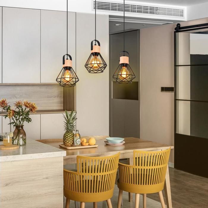 IDEGU 3 Lustres Suspension Luminaire Industrielle, 16CM Vintage Suspension en Fer et Bois Rétro Cage Design Noir pour Salon Chambre