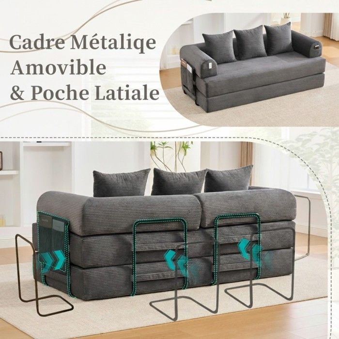 Canapé‑lit modulable - LANGTU - Modulaire Convertible - Velours côtelé gris foncé - Cadre métal - 3 places (200 cm)