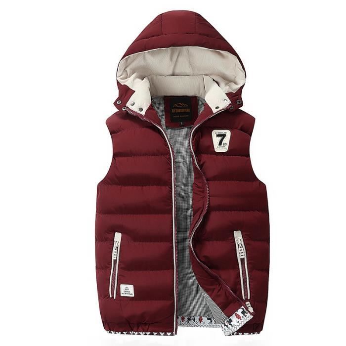 Chaqueta acolchada para hombre, sin mangas, con cuello alto y cremallera, chaqueta de plumas cálida con capucha para otoño e invierno - Roja
