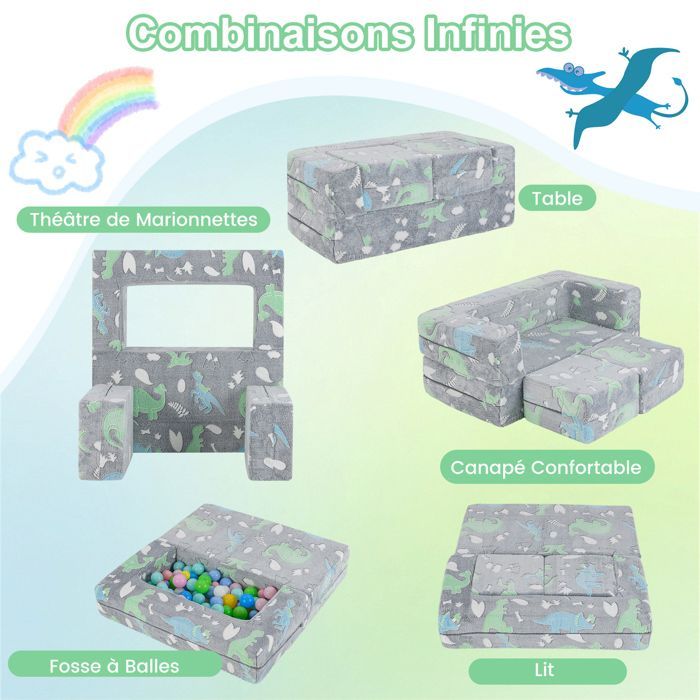 COSTWAY Canapé Modulaire Phosphorescent pour 2 Enfants Pliable 3 en 1, Housse en Flanelle Amovible 100 x 50,5 x 40 cm, Gris