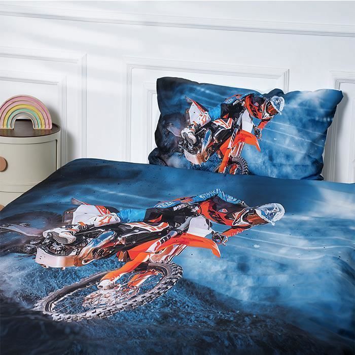 Motorcycle Duvet Cover 140x200 cm for Children with 1 Pillowcase 50x75 cm, Printed Extreme Sport Motorcycle Bedding Set