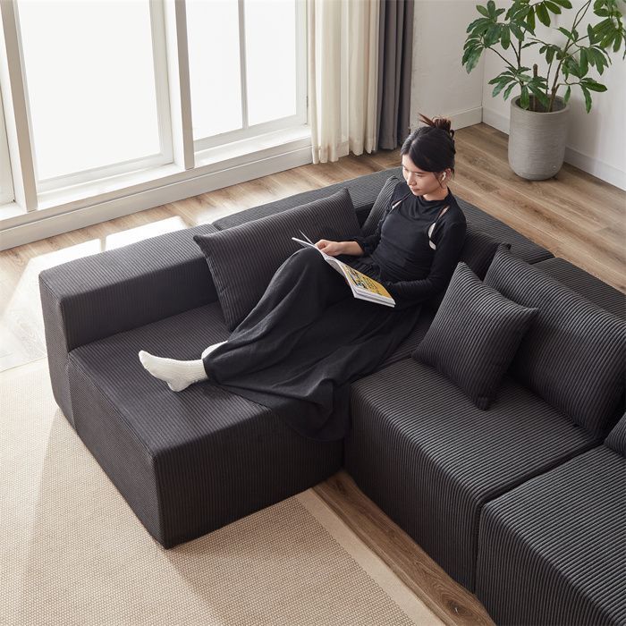 DRIPEX Canapé modulable 4 places en velours côtelé 335CM,Canapé compressé rembourré avec 4 coussins,combinaison libre,Noir