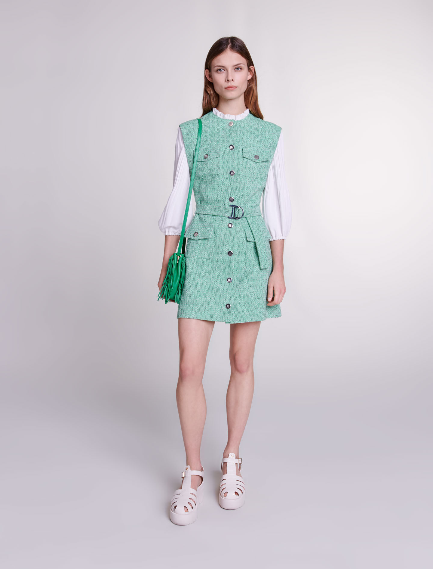 Rochie din tweed bimaterial - Vert