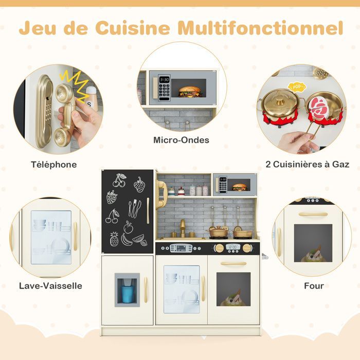 Cocina de juguete de madera COSTWAY para niños de 3 a 6 años con teléfono, pizarra, microondas, máquina de hielo y 7 accesorios - Beige