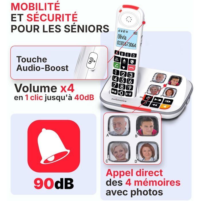 Téléphone fixe sans fil grandes touches - SVATV - Répondeur 30 min - Amplification audio 40dB - Sonneries 90dB