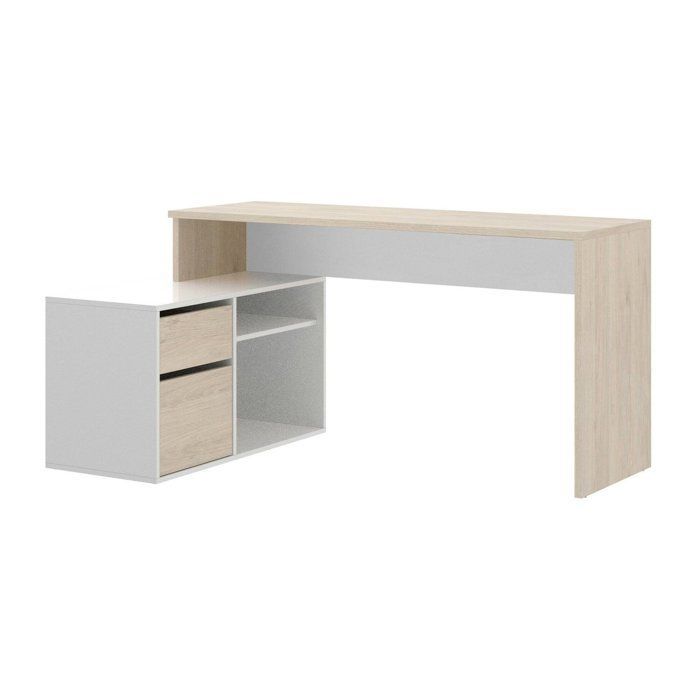 Dmora - Bureau Andor, 139 x 92 x h75 cm, blanc brillant, chêne, Panneau effet bois