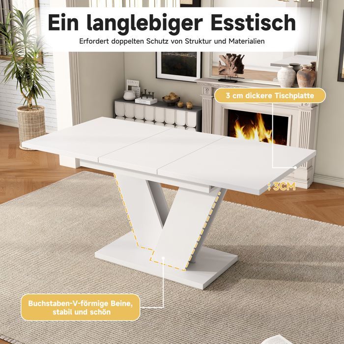 Mesa de comedor extensible de 120/160 x 80 x 75 cm, patas en forma de V, estilo sencillo, apta para 4 a 6 personas, color blanco.