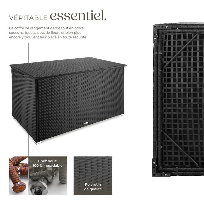 Rangement d'extérieur - TECTAKE - Coffre de jardin OSLO en aluminium et polyrotin avec revêtement intérieur amovible - Noir