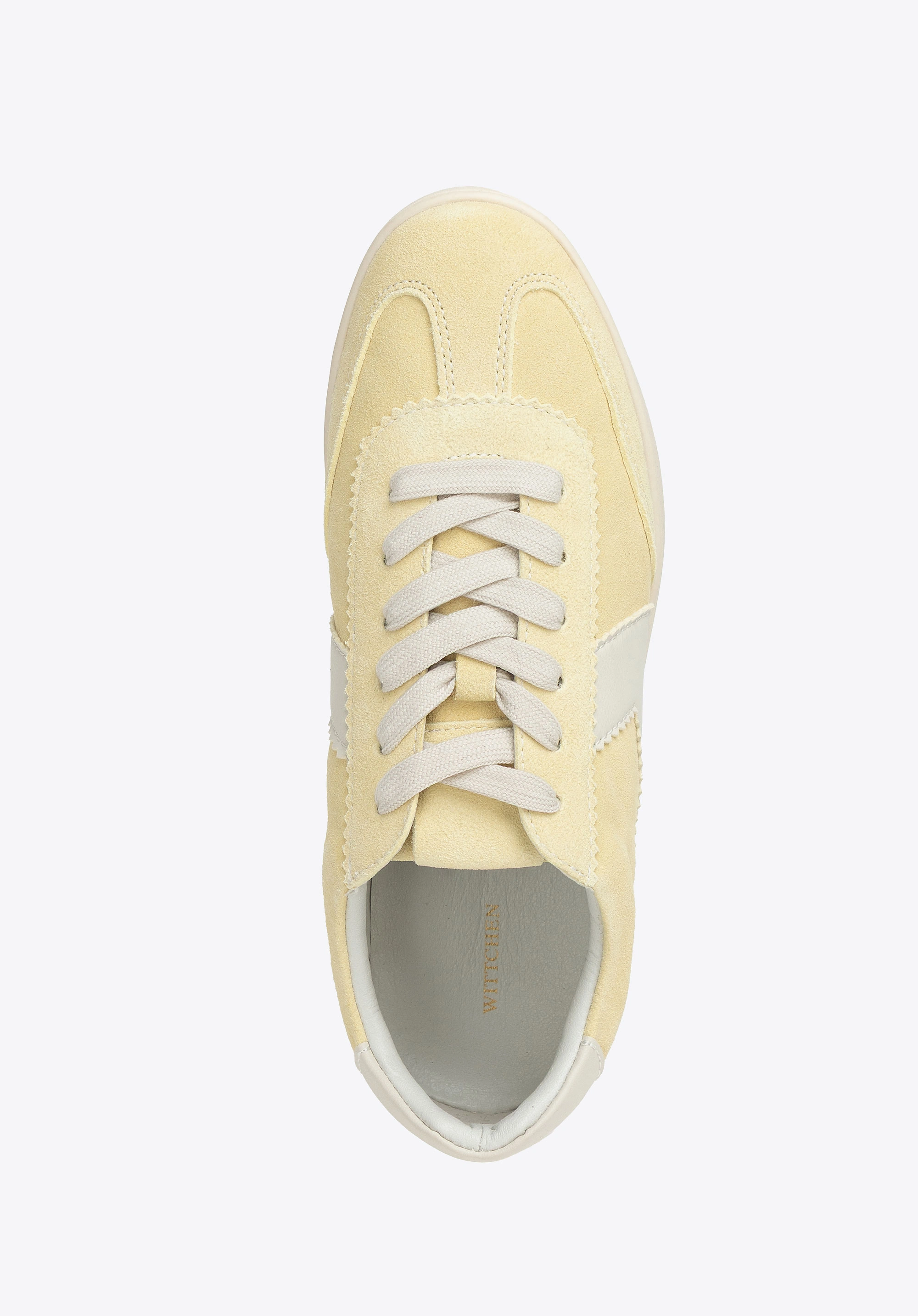 Zamszowe sneakersy z kontrastowymi wstawkami z ekoskóry żółto - białe