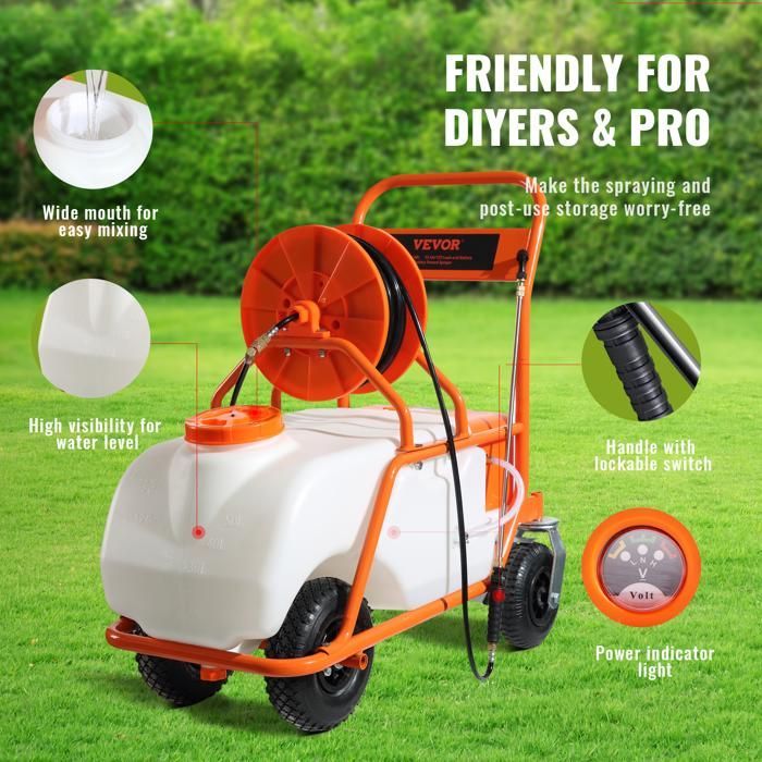 Pulverizador de césped con ruedas VEVOR - Presión ajustable de 0 a 90 PSI - Pulverizador con depósito de 60 L - Jardín, control de malezas