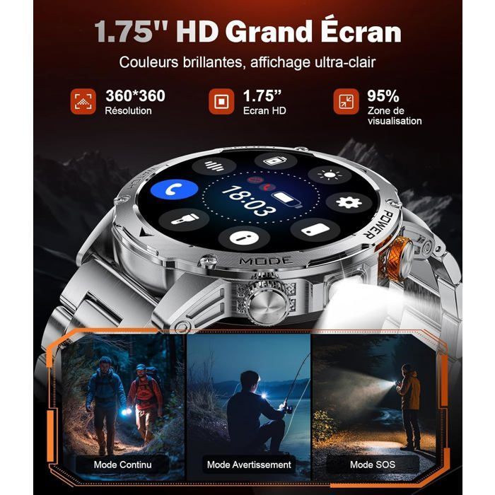 Smartwatch masculino com chamadas Bluetooth - Bateria de 1000mAh, tela grande HD de 1,75