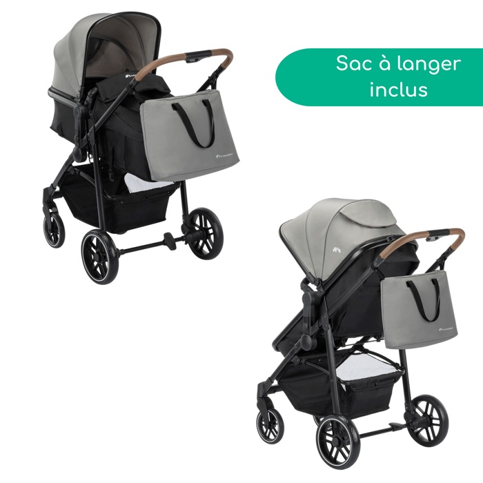 Passeggino BEBECONFORT HAZE TRIO LUX 3 in 1, con navicella + seggiolino auto i-Size + parapioggia + borsa fasciatoio, 0-22 kg, grigio fumé.
